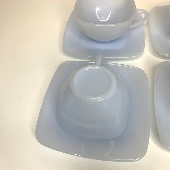 SET 5 FIRE KING AZURE BLUE CHARM AZURITE DELPHITE MILK GLASS SQUARE CUP SAUCERS - Picture 8 of 9